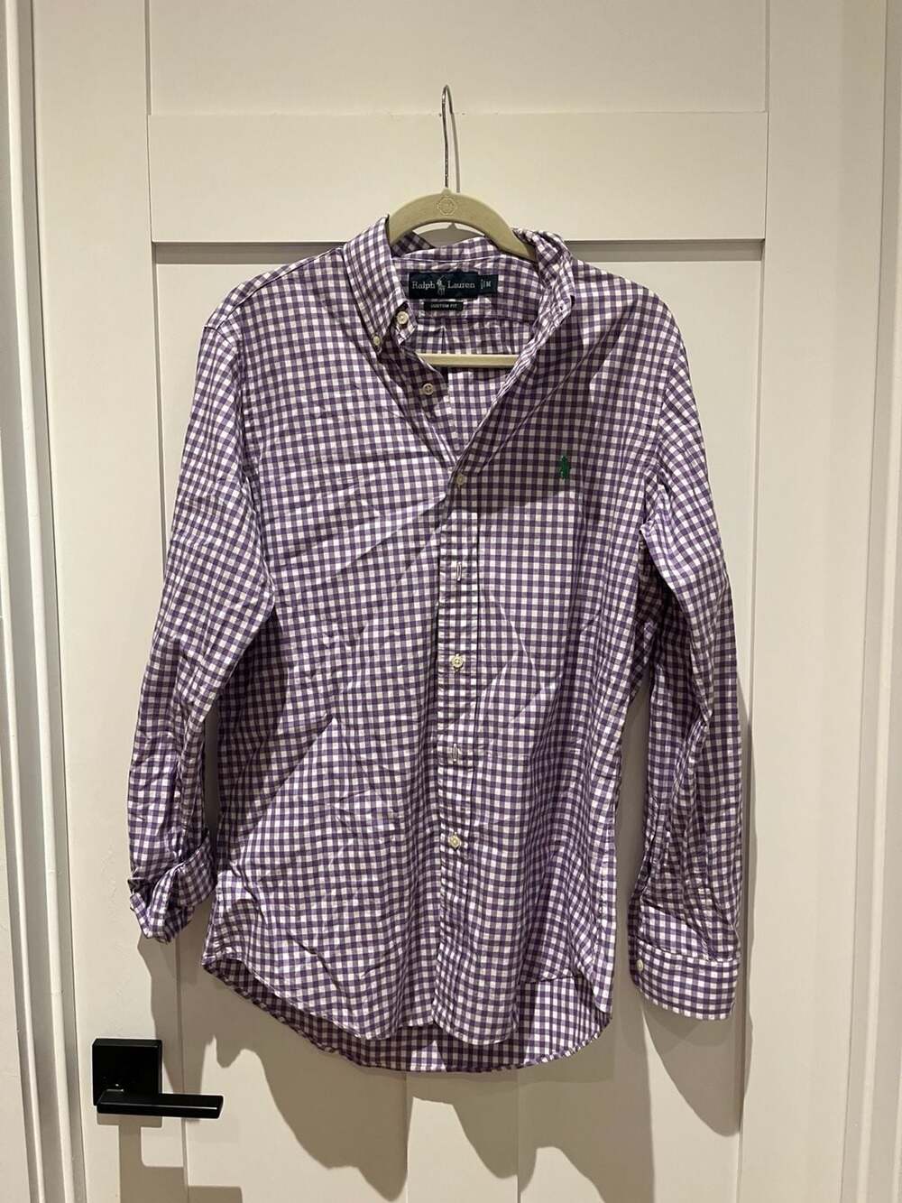 Ralph Lauren Men's Custom Fit Purple and White Gingham Long Sleeve Button-Down S